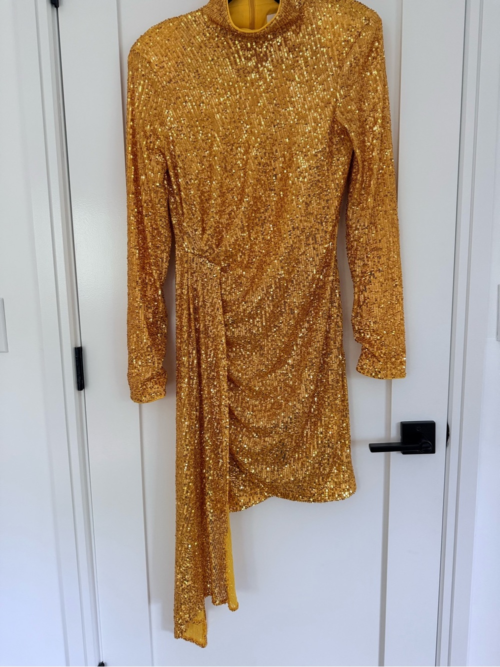 Gold Sequin Long-Sleeve Mini Dress with Draped Side Sash